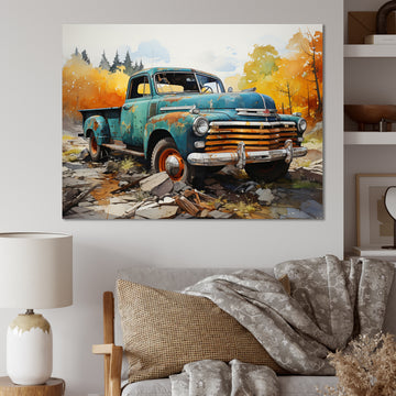 Teal Vintage Pickup Automn Offroad I - Pickup Truck Canvas Wall Art